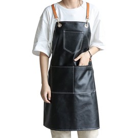 Small snail Retro PU Leather Apron Women Men Pinafore with 5 Pockets Waterproof Cross Back Artist Apron for Pottery Garden Craft Painting Woodworking Hairdressing Cafe
