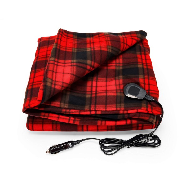 Camco Polar Fleece Heated Blanket - Power Cord Plugs into 12V Vehicle Power Outlet | Great for Cold Weather, Traveling, or Emergencies - Plaid Red (42897), 59" x 43"