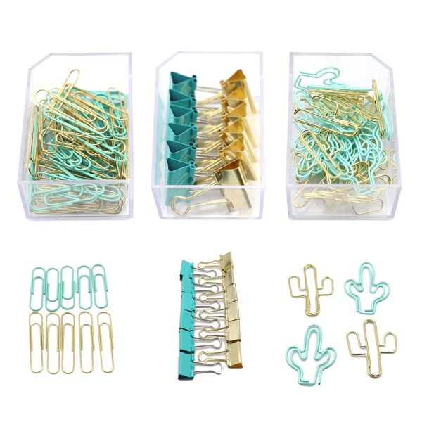 PTSGCAI Gold Blue Binder Clips and Paper Clips Set (3-in-1