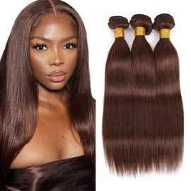 Aikebi Brazilian Human Hair Bundles 14 16 18 Inch Chocolate Brown 4 Color Straight Bundles Human Hair 100% Unprocessed 10A Hair Weave for Black Women Soft Sewn In with Double Weft
