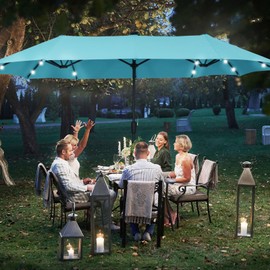 OVASTLKUY 13Ft Patio Umbrella with Solar Lights Outdoor Double-Sided Market Extra Large Table Umbrella Easy Crank for Yard, Poolside, Deck-Blue