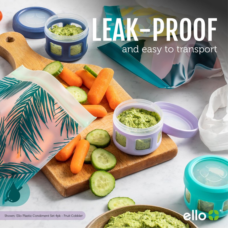 Ello Reusable Plastic Condiment Containers 4oz each with Screw-on Leak
