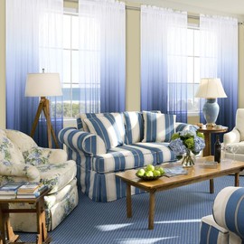 Navy and White Curtains for Living Room Set 2 Panels Rod Pocket Window Ombre Coastal Sheer Curtains for Bedroom Masculine Man's Cave Teen Boys Room Decor Man Christmas 52 x 84 Inches Long Dark Blue