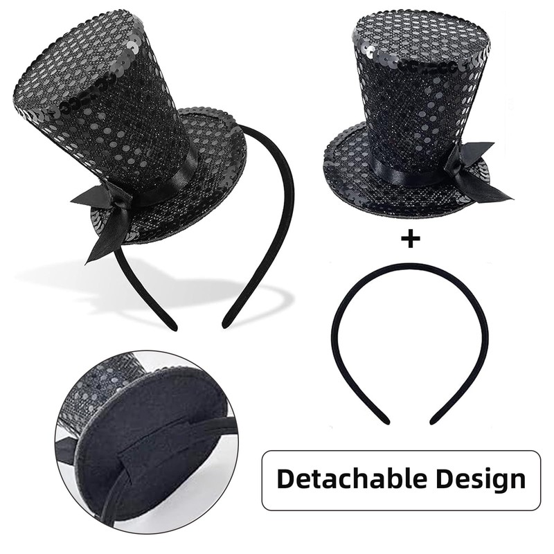 Cerchietto con mini cappello a cilindro, con paillettes, accessorio per
