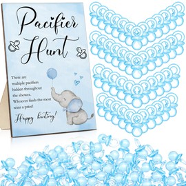 Roowest 51 Pcs Elephant Pacifier Hunt Baby Shower Game Include Wooden Hunt Sign Acrylic 50 Pacifiers Game for Gender Reveal Party Favors Supplies(Blue)