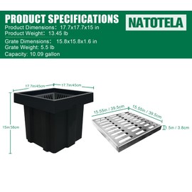Natotela Catch Basin with 304 Stainless Steel Grate-18x18x15 in. Large Catch Basin for Drainage with Debris Basket,French Drain Catch Basin Without Reserved Hole for Patio,Downspout,Commercial
