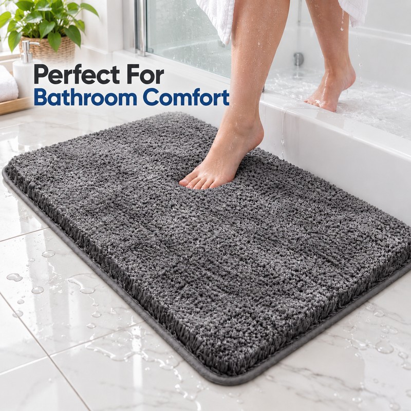 Rounded Thickened Bathroom Floor Mat, Plush Absorbent Bath Rug with