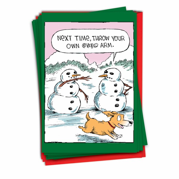 NobleWorks - 12 Cartoon Merry Christmas Cards - Funny Holiday Humor Greetings, Boxed Notecard Set with Envelopes (1 Design, 12 Cards) - Snowman Arm C4336XSG-B12