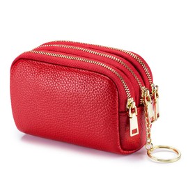 LINNO 3 Zippered Genuine Leather Coin Purse Triple Capacity Change Pouch Little Travel Wallet With Key Ring for Women