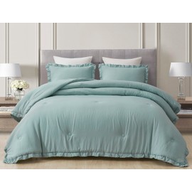 Chezmoi Collection Nora Aqua Comforter Set Full Size 3-Piece Fluffy Soft Lightweight Bedding Ruffled Edge Trim Stone-Washed Microfiber Comforter Set for All Season