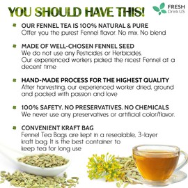 FreshDrinkUS, Premium 55 Fennel Tea Bags, 100% Natural & Pure from Fennel Seeds. Made with Natural Material Tea Bags. No Sugar, No Caffeine, No Gluten, Vegan.