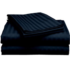 Cottington Lane 4 Piece Eastern King Size Sheet Set 76 x 80, Luxury Hotel Quality 100% Egyptian Cotton Bed Sheets with 16 Inch Deep Pocket Snug Fit Smooth Sateen Weave, Navy Blue Stripe