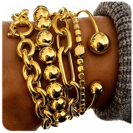 Shall Shell Gold Bracelets Set for Women, 5 Pcs Gold Plated Stackable Bracelets, Chunky Beaded Ball Stretch Bracelet Cuff Bangles Chain Bracelet Layered Jewelry Gift
