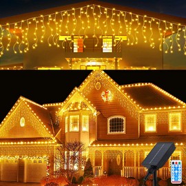 Micacorn Solar Icicle Fairy Lights with USB Charge, 5 m Waterproof, Icicle Fairy Lights, 8 Modes, 256 LEDs, 32 Pieces, Curtain Lights with Remote Control for Garden, Wedding, Party, Christmas