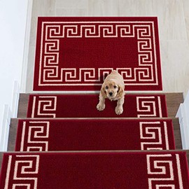 Stair Treads Greek Key Design Slip Resistant Backing, Stain Resistant, Red, 8.5''X26'' Set of 13