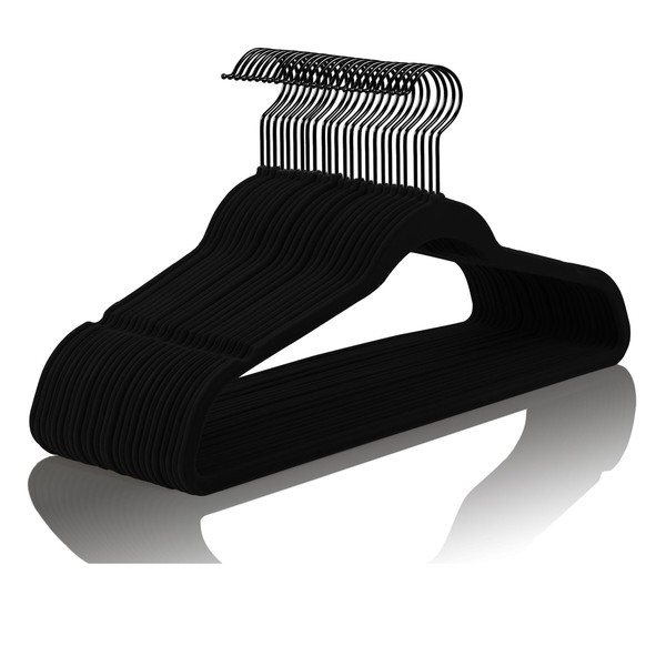 MIZGI Premium All Black Velvet Hangers with Black Hooks (30