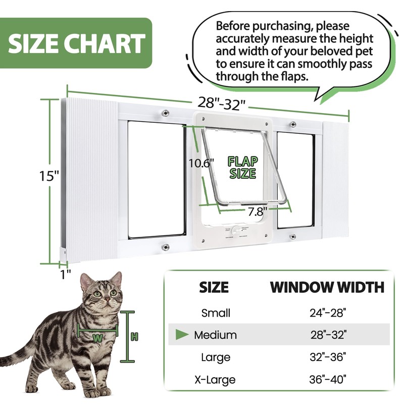 Full-Size Window Pet Door for Cat&Small Dog, Fits 28"-32" Width