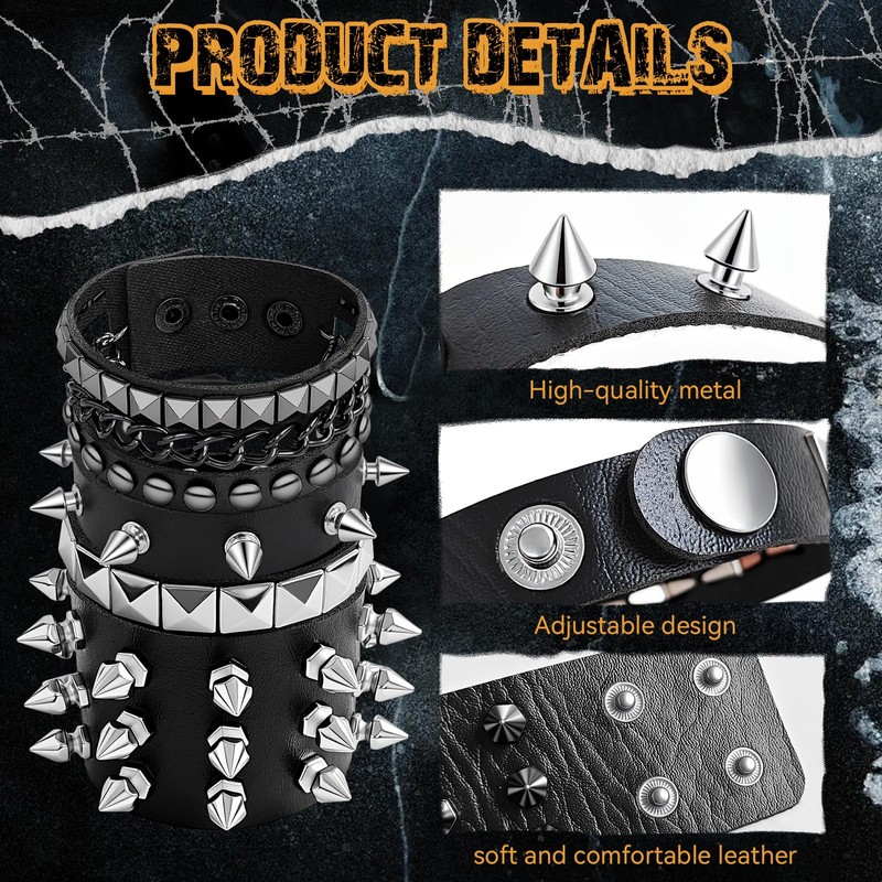 EMORBALS Punk Rock Studded Bracelet - Adjustable Leather Cuff Spiked