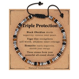 Jesvo Triple Protection Bracelet Gifts for Men, Beaded Hematite Tiger Eye Black Obsidian Stone Gemstone Bracelets Black Tourmaline Healing Crystal Jewelry Gifts for Man Male Him