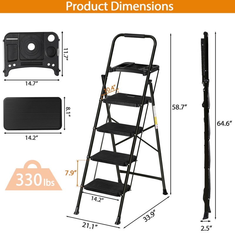 SEGAWE 4 Step Ladder with Tool Platform Anti-Slip Sturdy &