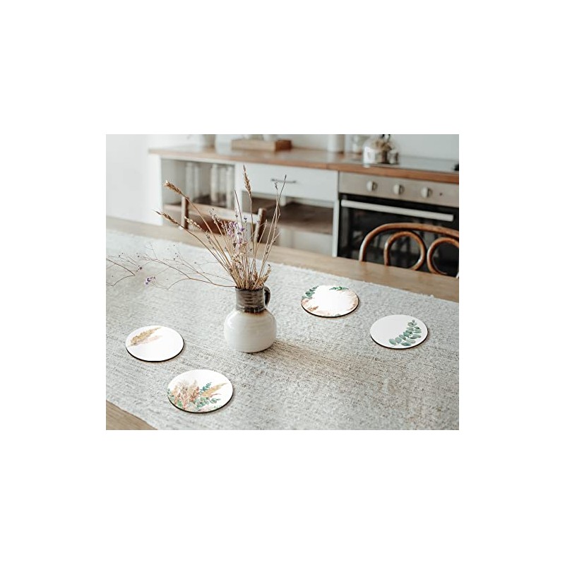 4 x Round Sage Green Coasters - Leaves Leaf Pattern