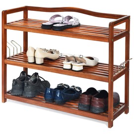 Giantex 3-Tier Wood Shoe Rack Entryway Shoe Shelf Storage Organizer for Hallway, Bathroom, Living Room Free Standing Shoe Racks with 4 Metal Side Hangers, 29"L x10.5"Wx 24.5"H