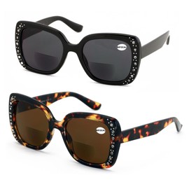 V.W.E. 2 Pairs Women Bifocal Sunglasses Rhinestones Outdoor UV Protection Reading Glasses Butterfly Elegance 106 (1 Black 1 Tortoise, 2.25, x)