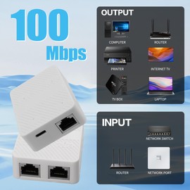 YACSEJAO Ethernet Splitter 1 in 2 Out 100Mbps RJ45 Network Extender Adapter with USB C Power Cable, Network LAN Adapter for Cat5/5e/6/7/8 Cable (2 Devices Simultaneously Networking) (White)