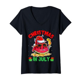 Summer Christmas in July Watermelon Wear Sunglass Santa Hat T-Shirt mit V-Ausschnitt