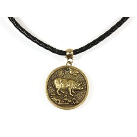'Gang of Twelve' Animal of the Chinese Zodiac, Brass Medallion on Leather Cord Necklace, 30 Inches (Boar/Pig)