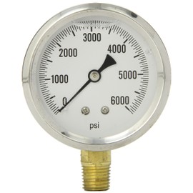 PIC Gauges S201L-254S Bottom Mount Glycerin Filled Single Scale Pressure Gauge w/ SS Case/Bezel, Brass Internals, Plastic Lens, 2.5" Dial, 0-6000 psi Range, 1/4" Male NPT