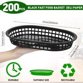 Mimorou 200 Fast Food Baskets 10.5 x 7 Inch Restaurant Tray Black Plastic Serving Baskets for Deli Serving, Chicken, Burgers, Picnics, Parties