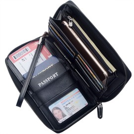 Travel Document Organizer RFID Blocking Leather Multiple Passport Wallet Family Holder Id Wrist Strap(Black)