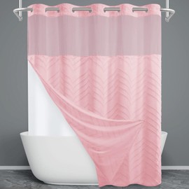 WONICY WONICY Extra Long No Hook Shower Curtain with Snap in Liner, Tufted Chevron Striped Shower Curtain Set for Bathroom, Boho Waterproof and Washable Shower Curtains, 71Wx86H, Pink