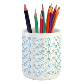 Lunarable Oriental Pencil Pen Holder, Eastern Theme Celebration Pale Toned Composition Folkloric Look Print, Ceramic Pencil Holder for Desk Office Accessory, 3.6" X 3.2", Pale Green White Blue