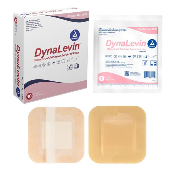 Dynarex Dynalevin Waterproof Adhesive Bordered Foam, 10 Count/4 x 4 Inch