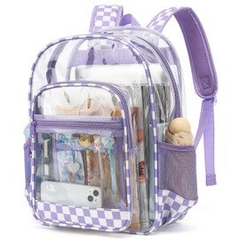 Dezcrab Clear Backpack for School Girls Boys, Heavy Duty Transparent Backpack Kids See-Through Clear Bookbag (Checkered Purple)