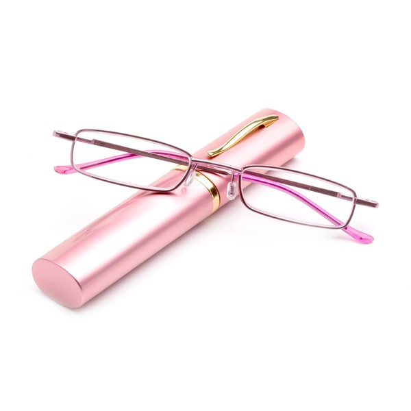 "Pocket" Readers Ultra Compact Spring Temple Reading Glasses w/Portable Pocket Clip Aluminum Case Pink +1.25