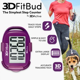 3DFitBud Simple Step Counter Walking 3D Pedometer by 3DActive with Clip, Lanyard Accurate Step Tracker Large Display, Easy to Use for Kids Men Women Adult Seniors Daily Step Tracking - A420S - Plum