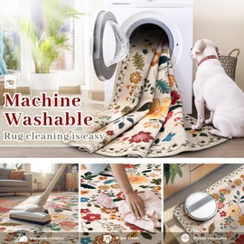 5x7 Area Rugs Washable Rug, Boho Floral Large Area Rug Soft Non Slip Low Pile Indoor Floor Carpet Flower Kids Rug for Living Room Girls Bedroom Nursery Dining Room Dorm Home Office(BeigeFloral, 5'x7')