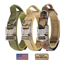 KCUCOP Tactical Dog Collar - Heavy Duty Dog Collar with Handle and Metal Buckle, Military Thick Dog Collars for Medium and Large Dogs(Upgrade Camo-M, 2 Patches)