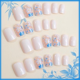 Blue White Flower Short Square Press on Nails with Solid Color Design, Glossy Gold Glitter Acrylic False Nails Gel Glue on Nails, Sparkly Manicure Art Fake Nails Stick on Nails for Women Girls