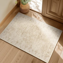 Jainmy Distressed Beige Kitchen 2x3 Rugs Non Slip Washable, Natural Farmhouse Vintage Medallion Pinted Door Mat Indoor Entrance Entryway, Small Low Pile Rugs for Bathroom Vanity/Laundry Room/Bedroom