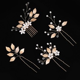 4 Pieces Wedding Hair Accessories, Gold Leaf Crystal Pearl Hair Pins Clips, Elegant Pearl Floral Rhinestone Bridal Combs for Bride and Bridesmaid Accessories