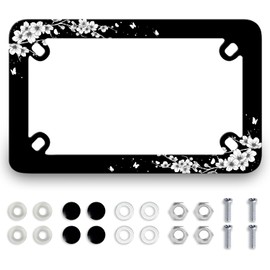 Black White Cherry Blossom Motorcycle License Plate Frame Stainless Steel Butterfly Tag Holder 4 Holes Floral Motorcycle Accessory with Screws Nut Caps 7.7" x4.5 for Bike Motorcycle