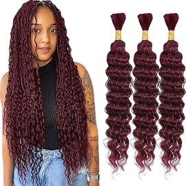WuvuSnm Human Hair Braiding Deep Wave Boho Braids Bulk Hair Weave Natural Extensions No Weft Burgundy Colour 3 Braids Per Pack Total 150 g for Woman 35.5 cm (14 14 Inches)