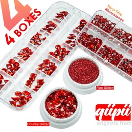 4 Boxes Red Nail Rhinestones Glitters Kit, 24 Shapes K9 Glass Ruby Red Gems Flatback Round Gems Stones Diamonds Crystals Siam Red Nail Art Supplies Nail Charms for Acrylic Nails Faces Body DIY Crafts