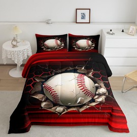 Feelyou Baseball Comforter Set Full Size Kids Abstract Ombre Comforter for Boys Girls Teens Red Geometrical Honeycomb Bedding Set Sports Theme Quilt Set Home Decor