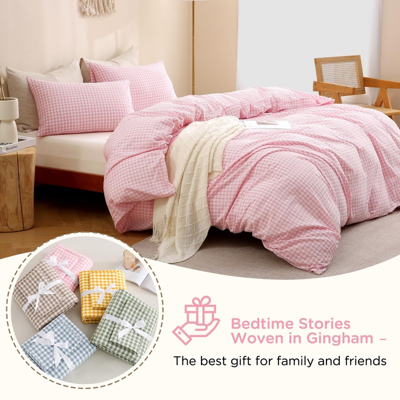 TOCOMOA Pink Gingham Duvet Cover Bedding Set 100% Washed Cotton