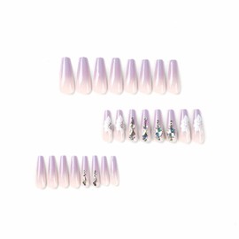 MERVF Coffin Press on Nails Long Fake Nails Ombre Purple French Tip Ballerina Glue on Nails with Rhinestones Designs Glossy 24pcs Artificial Flower Acrylic Nails for Women